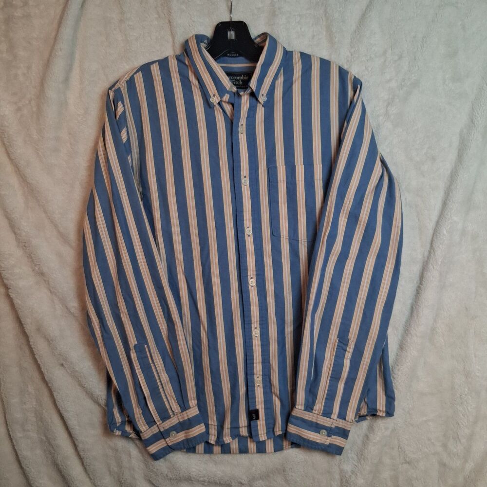 Vtg‎ Abercrombie Fitch Button Down Shirt Mens Small Blue With Vertical Stripes